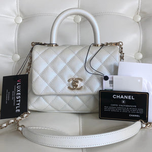 Chanel Extra Mini Coco Handle k Iridescent White Quilted Caviar With Vluxestyle