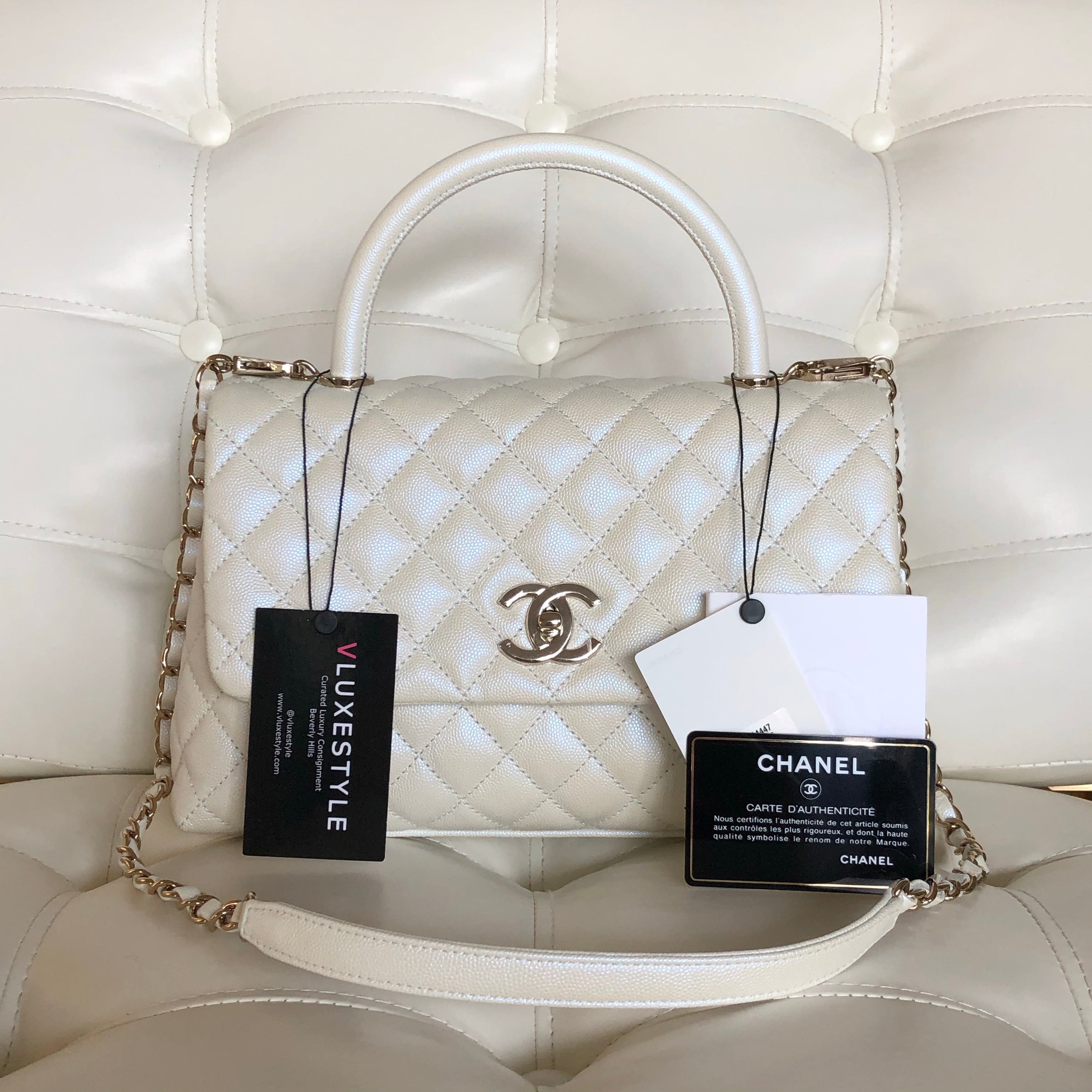 Chanel Coco Handle k Iridescent White Quilted Caviar With Shiny Ligh Vluxestyle