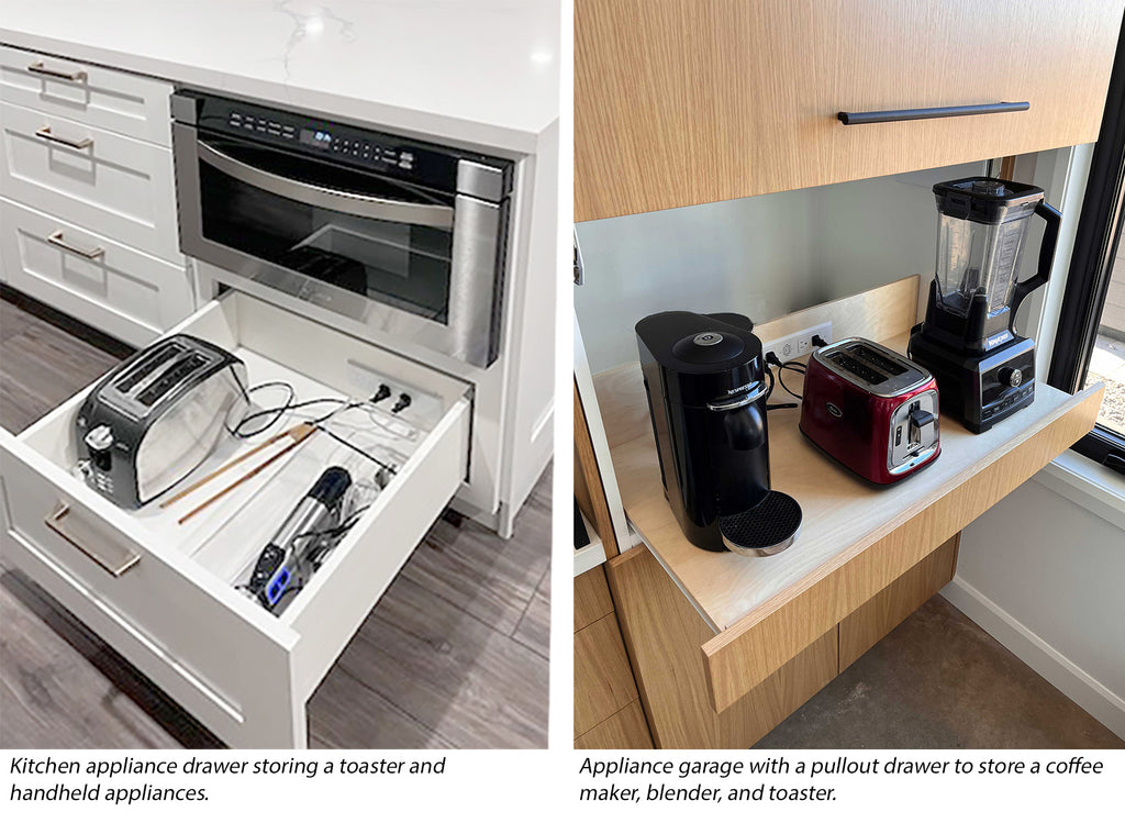 Kitchen appliance drawer storing a toaster and handheld appliances.