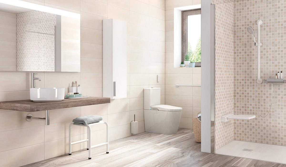 A bright, modern bathroom featuring a low-entry shower and shower grab bar for mobility safety.
