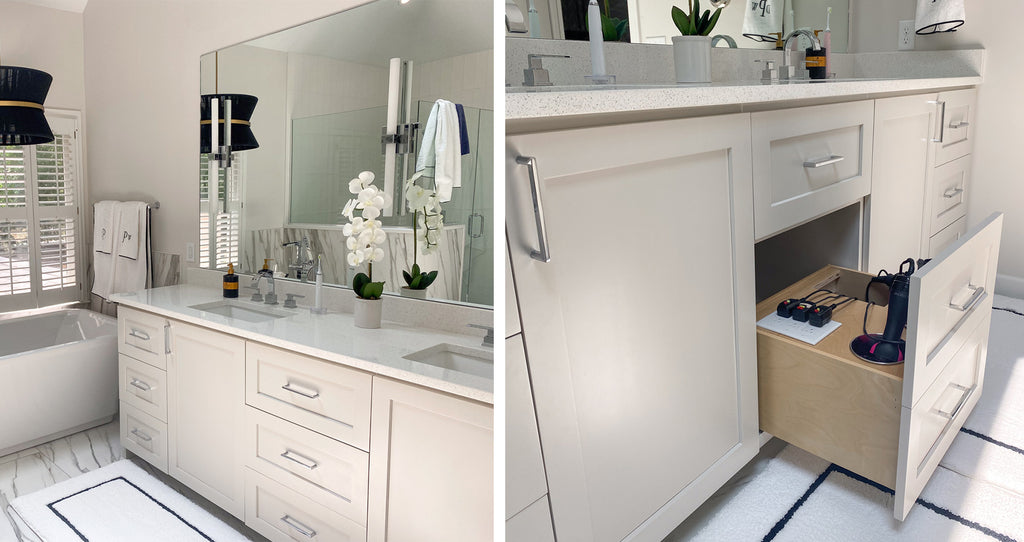 Modern bathroom renovation featuring marble flooring and a dual bathroom vanity.