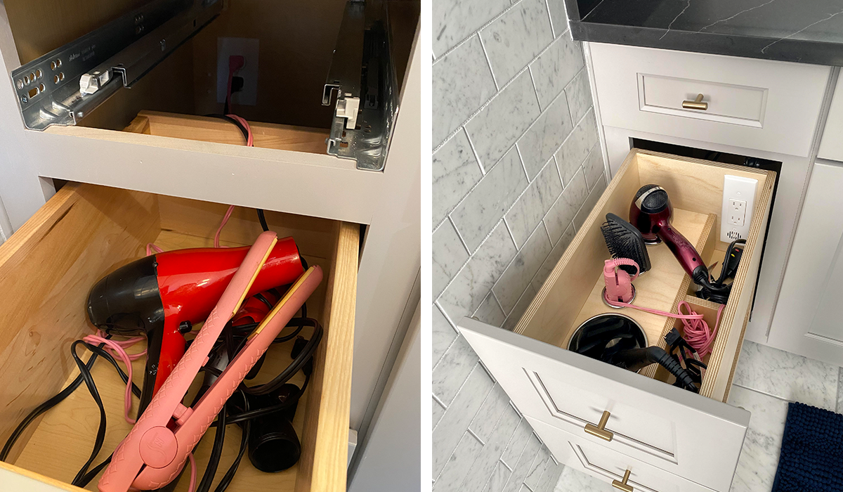 Two extension cords unsafely plugged behind a drawer are replaced by a Docking Drawer outlet installed into a bathroom drawer to safely power a blow dryer and a hair straightener.