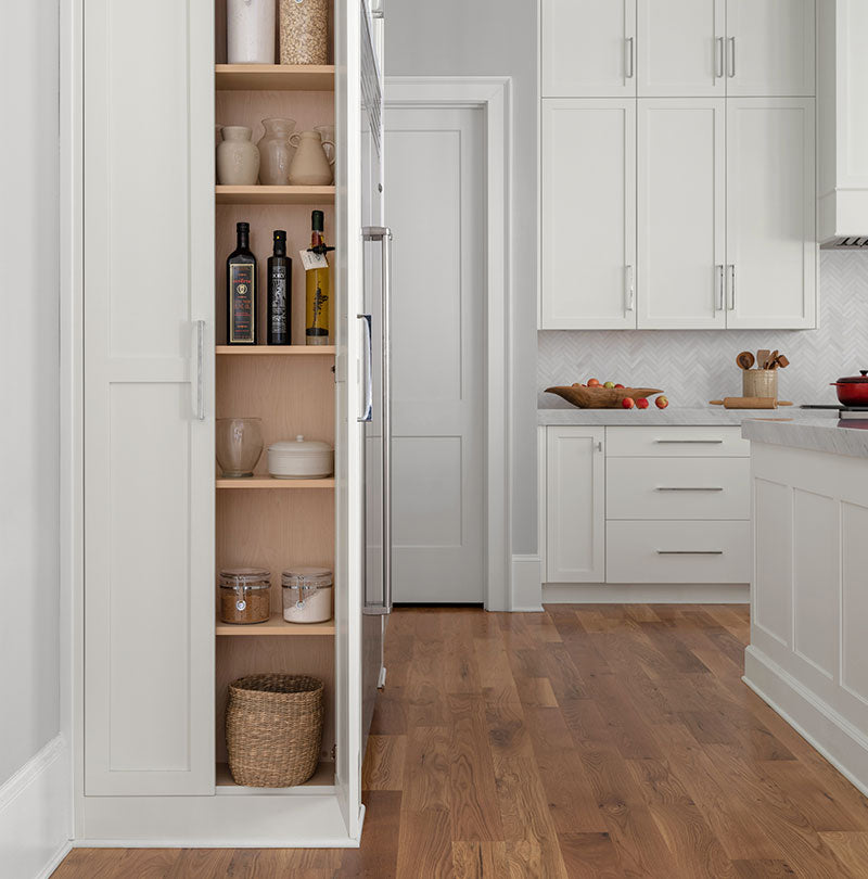 Organized Pantry Closet, Adjustable Shelves, Corkboard Backsplash