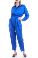 80's Vintage Shiny Blue Satin Jumpsuit Women's Size XS-Small 25