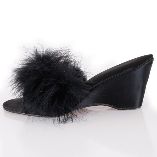 Marabou Feather Black Satin Bedroom Slippers Wedge Heel Size