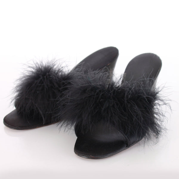 Marabou Feather Black Satin Bedroom Slippers Wedge Heel Size
