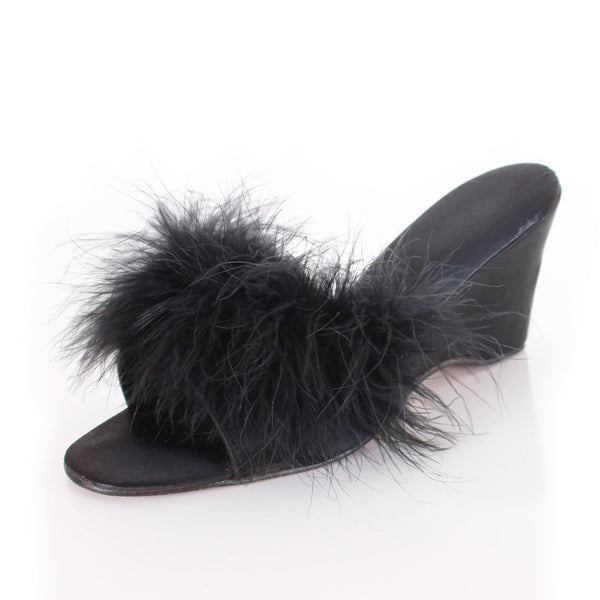 Marabou Feather Black Satin Bedroom Slippers Wedge Heel Size 7 7 5 Usa