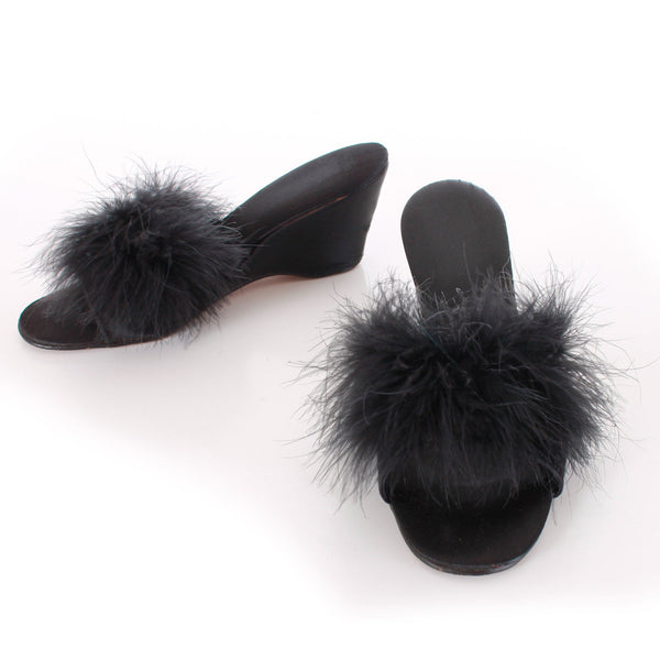 Marabou Feather Black Satin Bedroom Slippers Wedge Heel Size