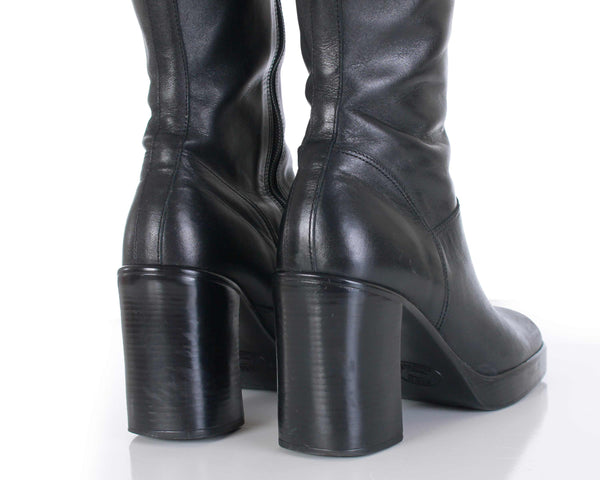 90s Steve Madden Black Leather Chunky Heel Platform Boots Knee High Ma ...
