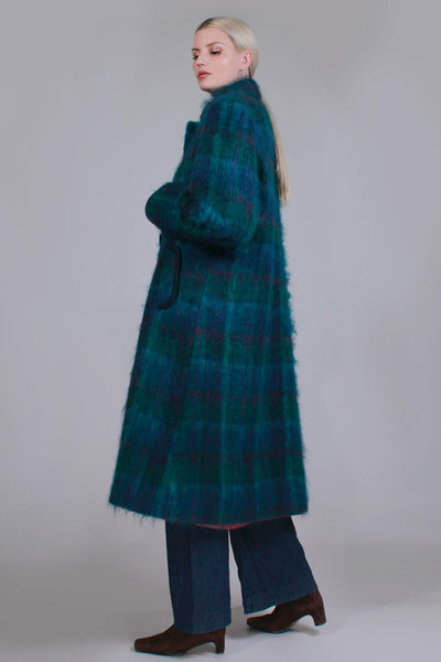 80s Blue Plaid MOHAIR Shaggy Long Winter Coat Made in the USA