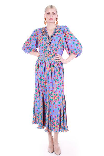 80s Susan Freis Pleated Georgette Colorful Periwinkle Floral Ruffle Dress  Size 10/12 - Medium/Large