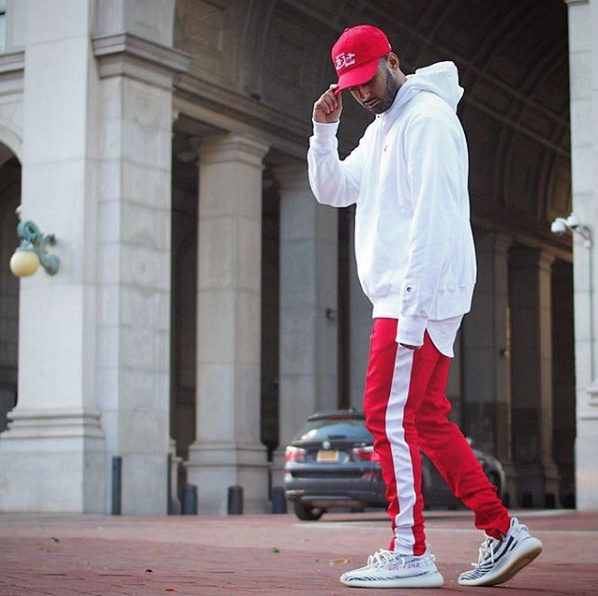 red and white track pants