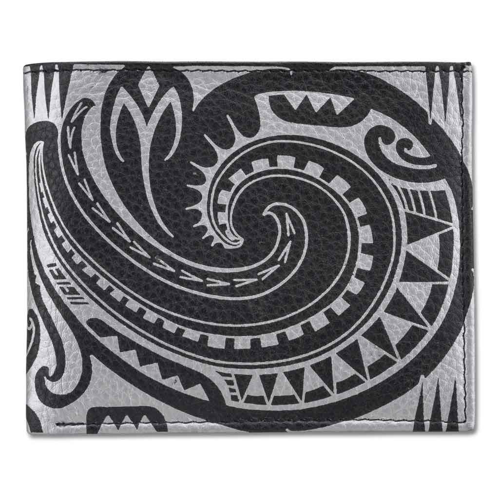 Nā Koa Leather Trifold Wallet with Polynesian Hawaiian Tattoo Art BlackwithRed