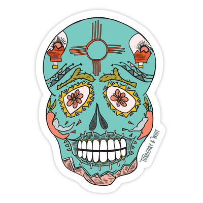 Hand-illustrated turquoise sugar New Mexico skull sticker with colorful design and intricate detailing. Perfect for laptops, water bottles, and notebooks.