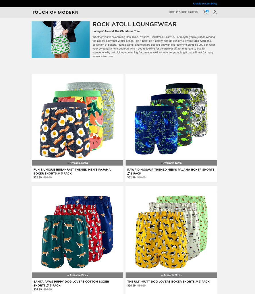 From Rock Atoll, this collection of boxers, lounge pants, and tops are decked out with eye-catching prints so you can wear your personality right out loud.