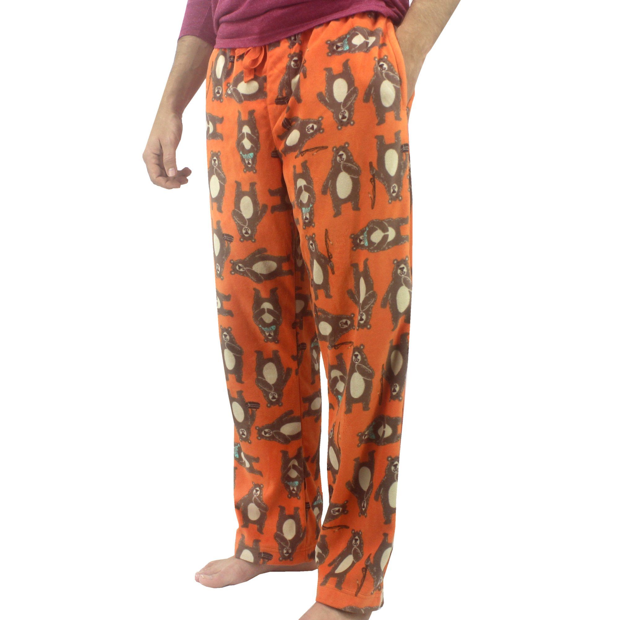Bright Orange Colorful Brown Bears Gone Fishing All Over Print Soft Fleece Bottoms Pants for Men