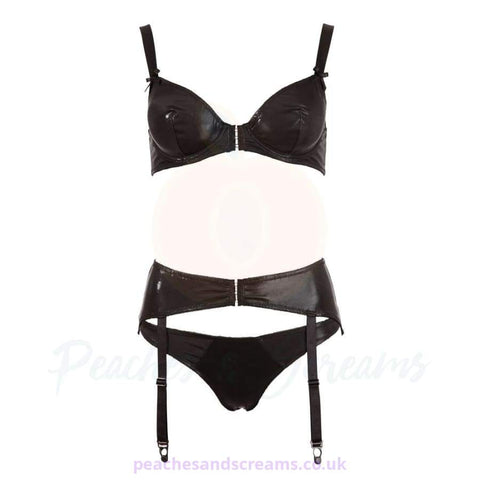 COTTELLI SEXY BLACK WET-LOOK BRA, THONG AND SUSPENDER BELT SET