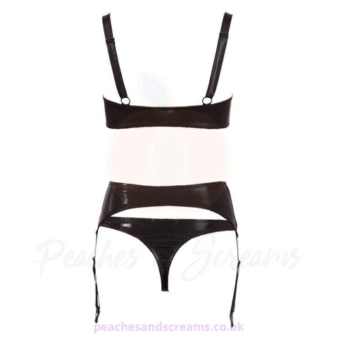 COTTELLI SEXY BLACK WET-LOOK BRA, THONG AND SUSPENDER BELT SET