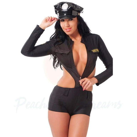 Sexy Black One-Piece Police Uniform Costume with Hat