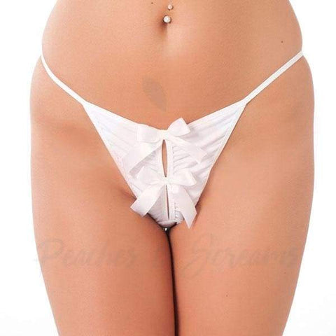 Sexy White Crotchless G-String Thong with Two Satin Bows