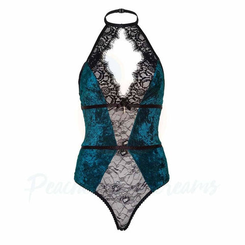 Velvet Teal and Black Lace G-String Thong Teddy Playsuit