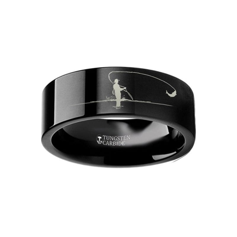 Simple Artistic Fishing Hook Pattern Ring Engraved Flat Black Tungsten Ring  - 4mm - 12mm