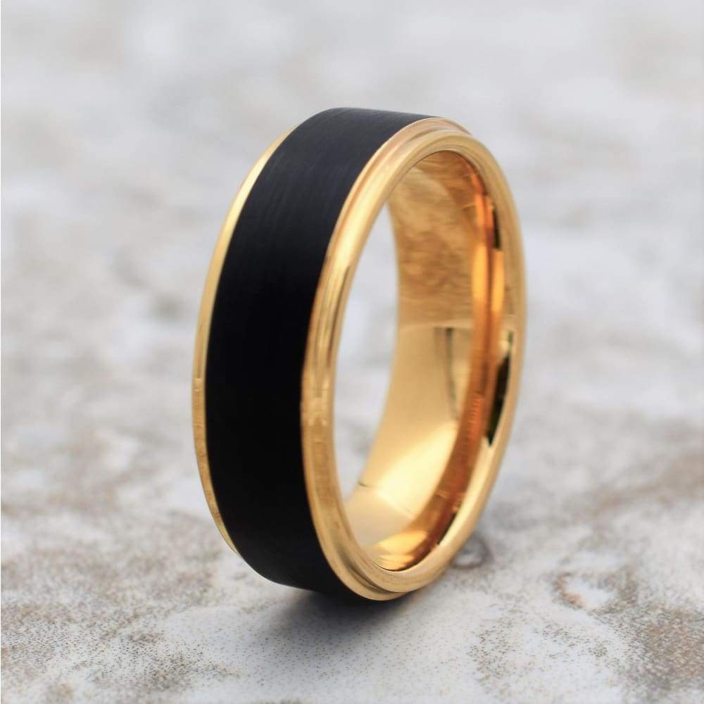 ATLAS Stunning Black Tungsten Carbide Wedding Ring with Yellow Gold ...