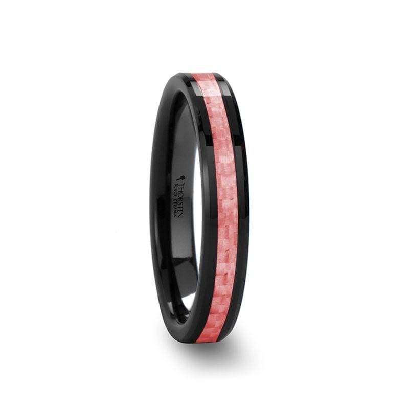 BAMBI Women's Black Ceramic Ring With Pink Carbon Fiber Inlay - 4mm & 6 mm