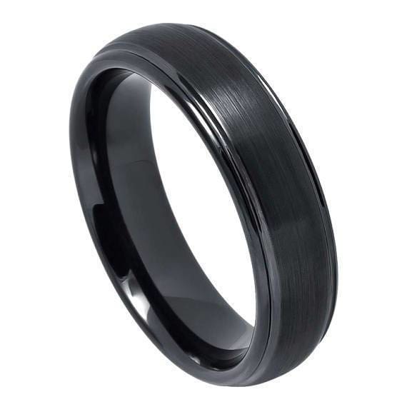 Black Tungsten Ring With Brushed Center High Polished Stepped Edges - 6mm & 8mm