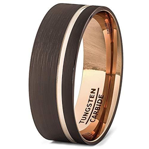 Mens Wedding Band/Fashion Ring 8mm Brown Brushed Tungsten Ring Thin Side  Rose Gold Groove Flat