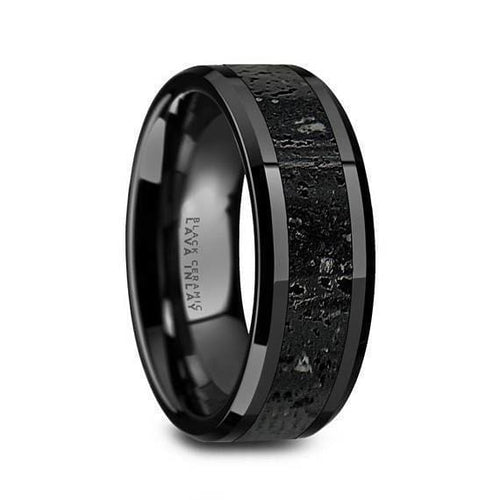 Ceramic Wedding Ring Black & Gray Lava Rock Stone Inlay Beveled Polished Finish 6mm 8mm