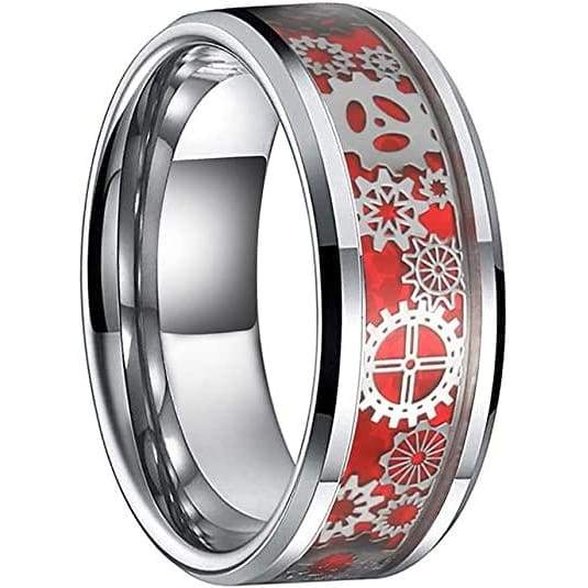 THREE KEYS JEWELRY 6mm 8mm Steampunk Gear Tungsten Carbon Fiber Sliver  Black and Blue Red Wedding Rings for Men Women
