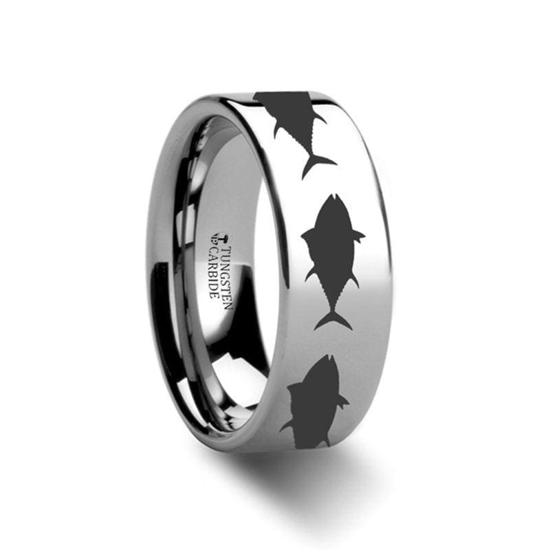 Polynesian Fishing Hook Pattern Black Tungsten Wedding Band Size 7.5