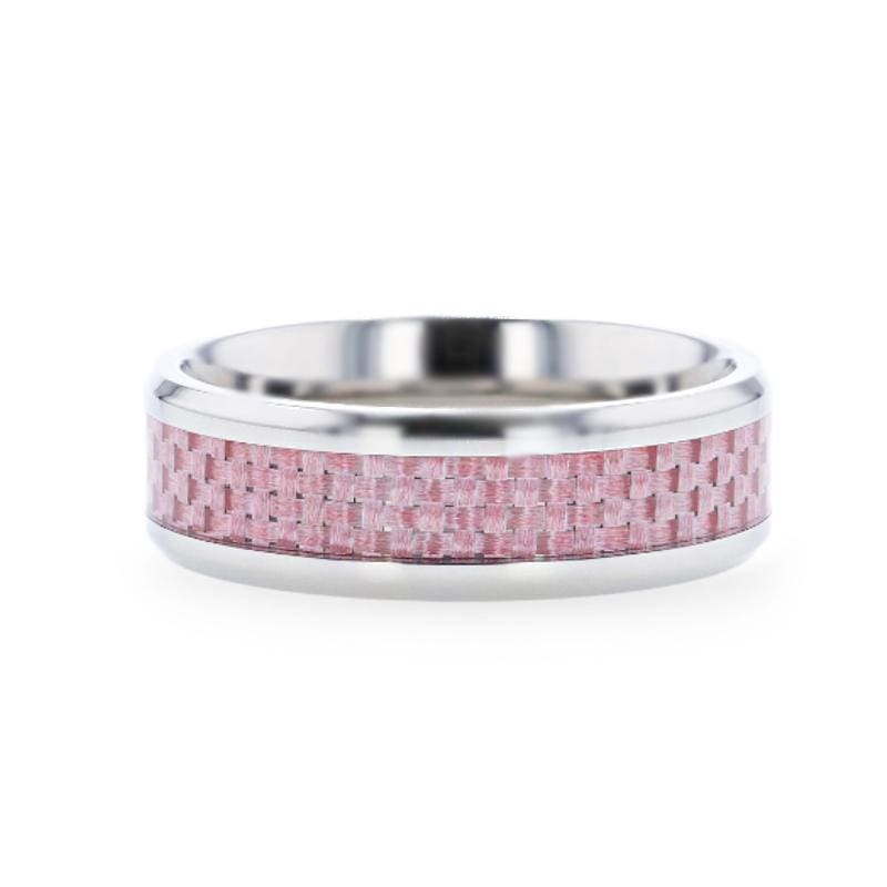 Thorsten Rings - Dominique Pink Carbon Fiber Inlaid Titanium Flat Polished Finish Ring Band with Beveled Edges - 8mm-8mm-14.00
