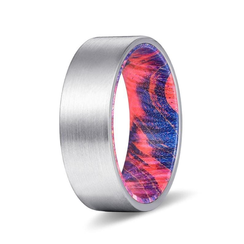 DEZSO Men's Pipe Cut Tungsten Ring with Blue & Red Box Elder Wood Sleeve 8mm