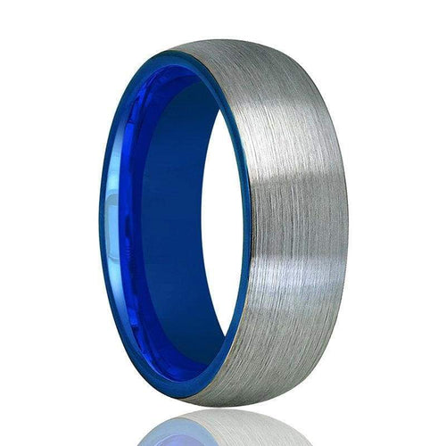 Domed Tungsten Wedding Ring With Blue Inside & Brushed Finish 4mm - 8mm