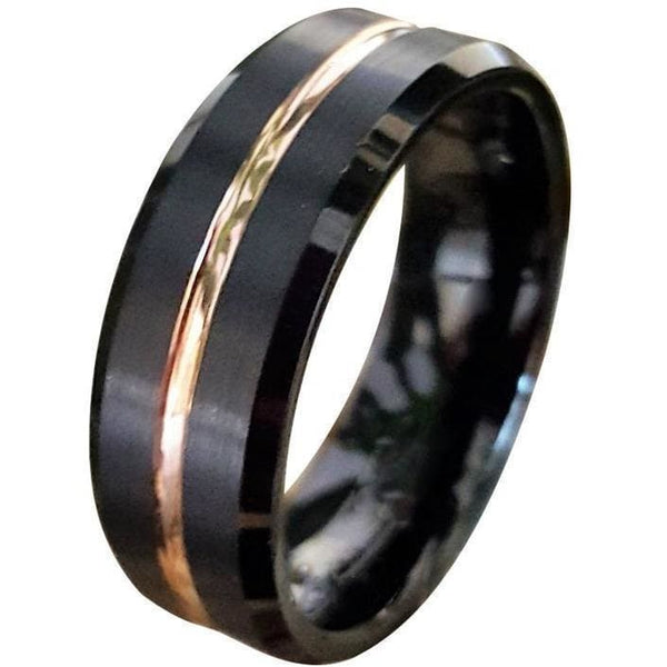 Exquisite Black Tungsten Ring W/ Ion Plated Rose Gold Stripe & High ...