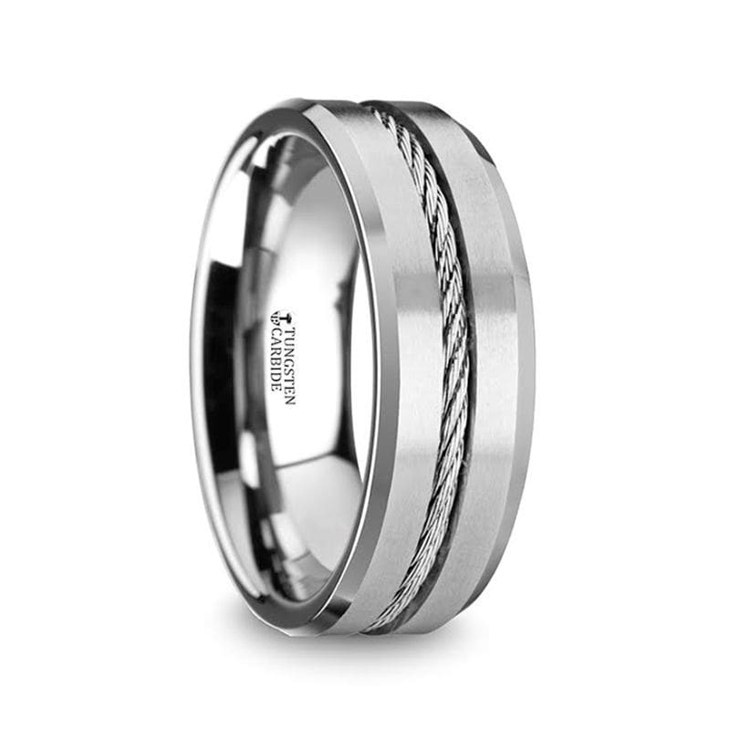 FABIUS Men's Tungsten Ring With Steel Wire Cable Inlay & Beveled Edges– The  Artisan Rings