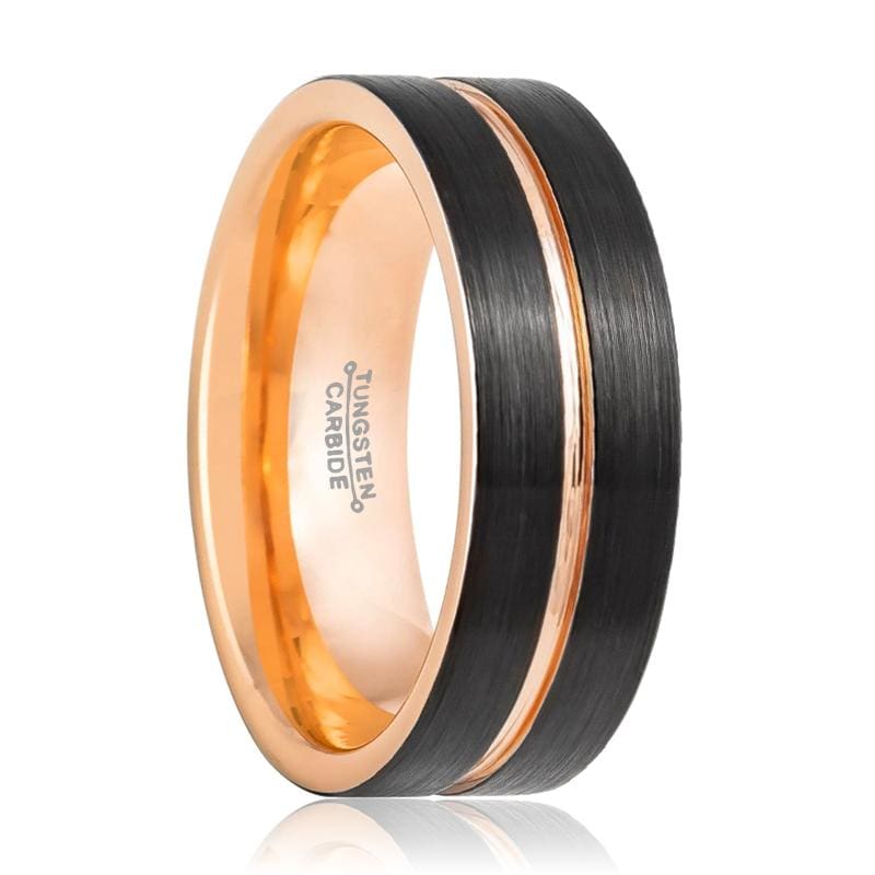 Mens Rose Gold Inlaid Tungsten Carbide Ring Brushed Comfort Fit - 8mm