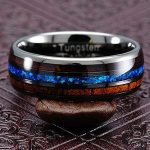 Men Rings - Mens Wedding Ring 8mm Two Koa Wood Inlay Tungsten Wood Ring 8