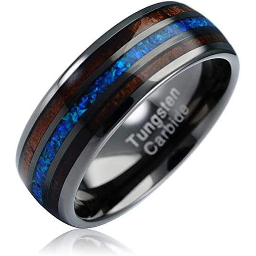 Lamar Men’s Koa Wood Blue Opal Inlaid Wedding Band Black Tungsten Ring - 8mm