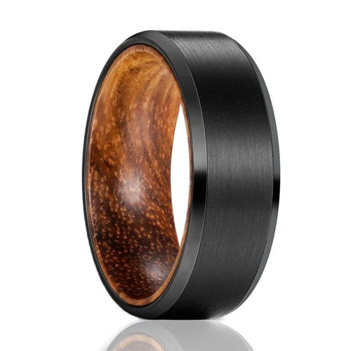 Men’s Beveled Black Tungsten Wedding Band with Zebra Wood Sleeve - 6mm & 8mm