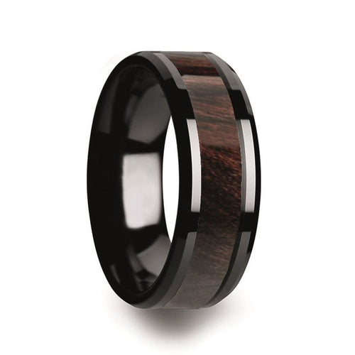 Men’s Black Ceramic Wedding Band With Bubinga Wood Inlay & Beveled Edges - 8mm