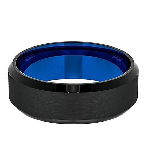 Men’s Black Tungsten Wedding Band With Beveled Edges and Blue Inside ...