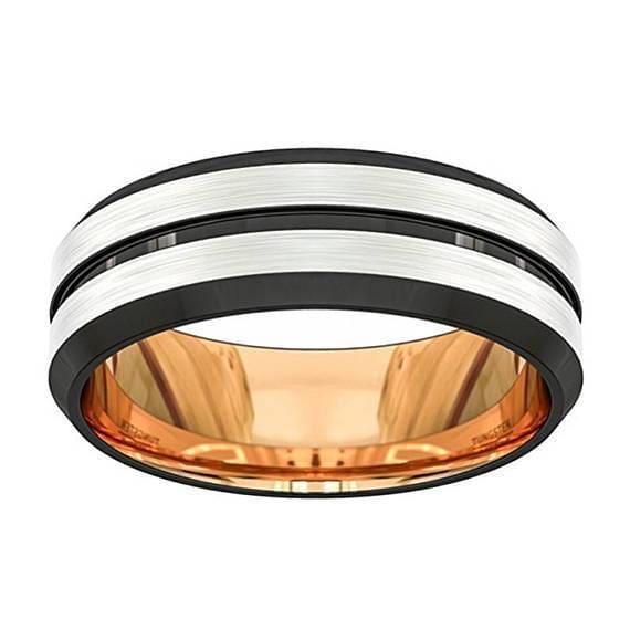 Mens Rose Gold Inlaid Tungsten Carbide Ring Brushed Comfort Fit - 8mm