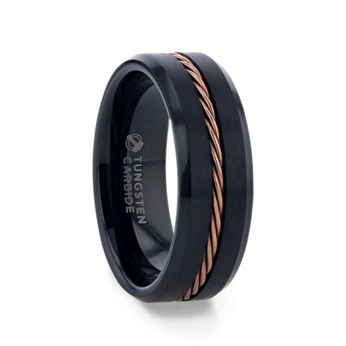 Men’s Rose Gold Braided Brushed Center Black Tungsten Band Beveled Edges - 8mm