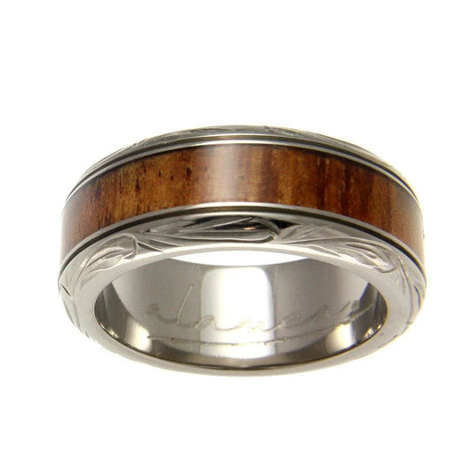 Mens Titanium Scroll Wedding Band Genuine Inlay Hawaiian Koa Wood Ring - 8mm, 5 / Titanium