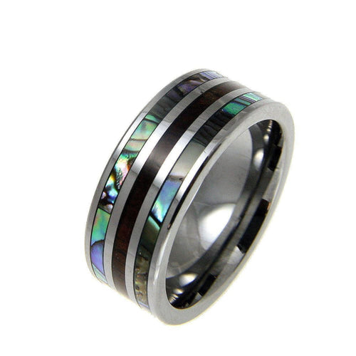 Mens Tungsten Band Ring Genuine Inlay Hawaiian Koa Wood Abalone Shell Comfort Fit - 8mm