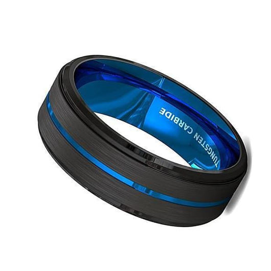 Men's Tungsten Carbide Ring with Black Brushed Thin Blue Groove