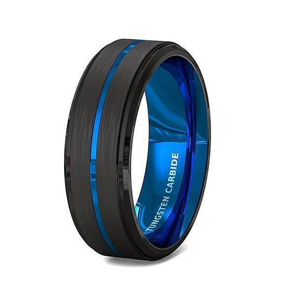 Men's Tungsten Carbide Ring with Black Brushed Thin Blue Groove Step ...